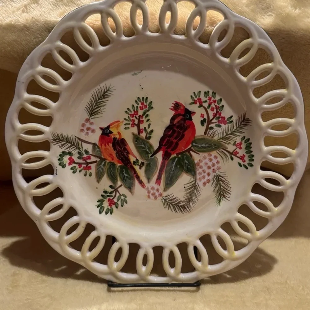 Christmas ceramic large platter pierce plate with Red Cardinals